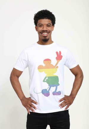 White cotton t-shirt featuring a colorful, gradient graphic of a cartoon mouse with a peace sign gesture, set against a plain background.