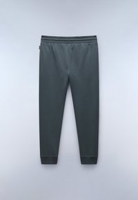 Grijze katoenen joggerbroeken met een elastische tailleband, taps toelopende pijpen en ribgebreide manchetten. Gladde textuur, minimalistisch ontwerp, geen zichtbare patronen of accenten.