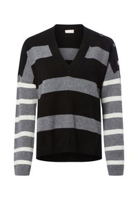 Maglione a V con ampie righe orizzontali nere e grigie e strette righe bianche e grigie sulle maniche, con dettagli in bottone sulla spalla.