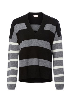 Maglione a V con ampie righe orizzontali nere e grigie e strette righe bianche e grigie sulle maniche, con dettagli in bottone sulla spalla.