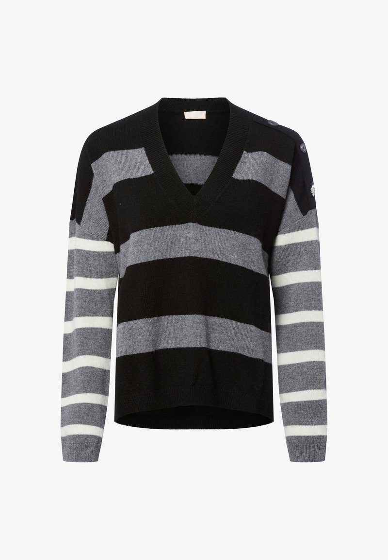 Pull à col en V avec de larges rayures horizontales noires et grises et de fines rayures blanches et grises sur les manches, présentant des détails de boutons sur l'épaule.