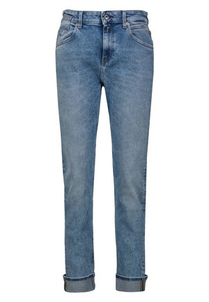 Herrenblaue Denim-Jeans mit aufgekrempelten Säumen, klassischem Fünf-Taschen-Design und Knopfverschluss in der Taille.