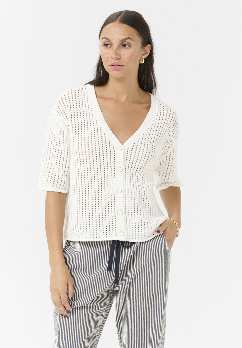 White knitted cardigan with a V-neck, short sleeves, and button front. Features a textured open weave pattern and relaxed fit.