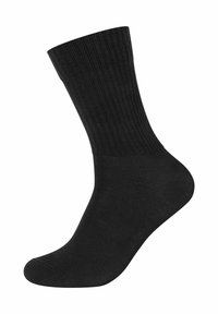 Schwarze Baumwollsocke mit geripptem Muster, knöchellang, verstärkter Ferse und Zehen, mit glatter Oberfläche.