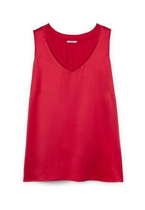 Rode satijnen mouwloze top met een diepe V-hals, soepele textuur en een eenvoudig snit. Heeft geen zichtbare hardware of patronen.