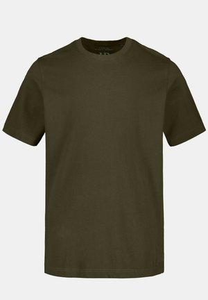 Olivegrünes T-Shirt mit kurzen Ärmeln aus Baumwolle, Rundhals, geradem Saum und dezenten Steppdetails an Ärmeln und Seiten.