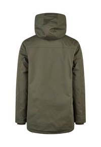 Olivgrüne Kapuzenjacke mit glatter Textur, geradem Schnitt und langen Ärmeln, mit minimalen Nähten auf der Rückseite.