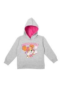 Felpa grigia con grafica di un cane cartoon e il testo "NATO PER VOLARE" in rosa, con un cappuccio bordato di rosa. Materiale morbido in cotone.