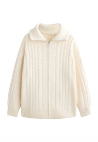 Cardigan tricoté de couleur crème avec fermeture éclair à l'avant, poignets côtelés et grand col. Présente un motif en maille torsadée sur l'ensemble du corps.