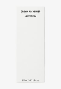 Białe kartonowe opakowanie dla Balansującego Toniku Grown Alchemist, z wyraźnym czarnym tekstem i matowym wykończeniem. Pojemność 200 mL.