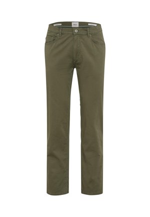 Olijfgroene rechte broek met knoopsluiting, riemlussen en voor- en achterzakken, weergegeven op een witte achtergrond.