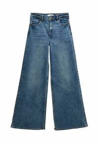 Platus melsvų džinsų modelis su aukštu liemeniu, priekinėmis kišenėmis ir sagų užsegimu. Audinys pasižymi subtiliu išblukimu ir lygiu paviršiumi.