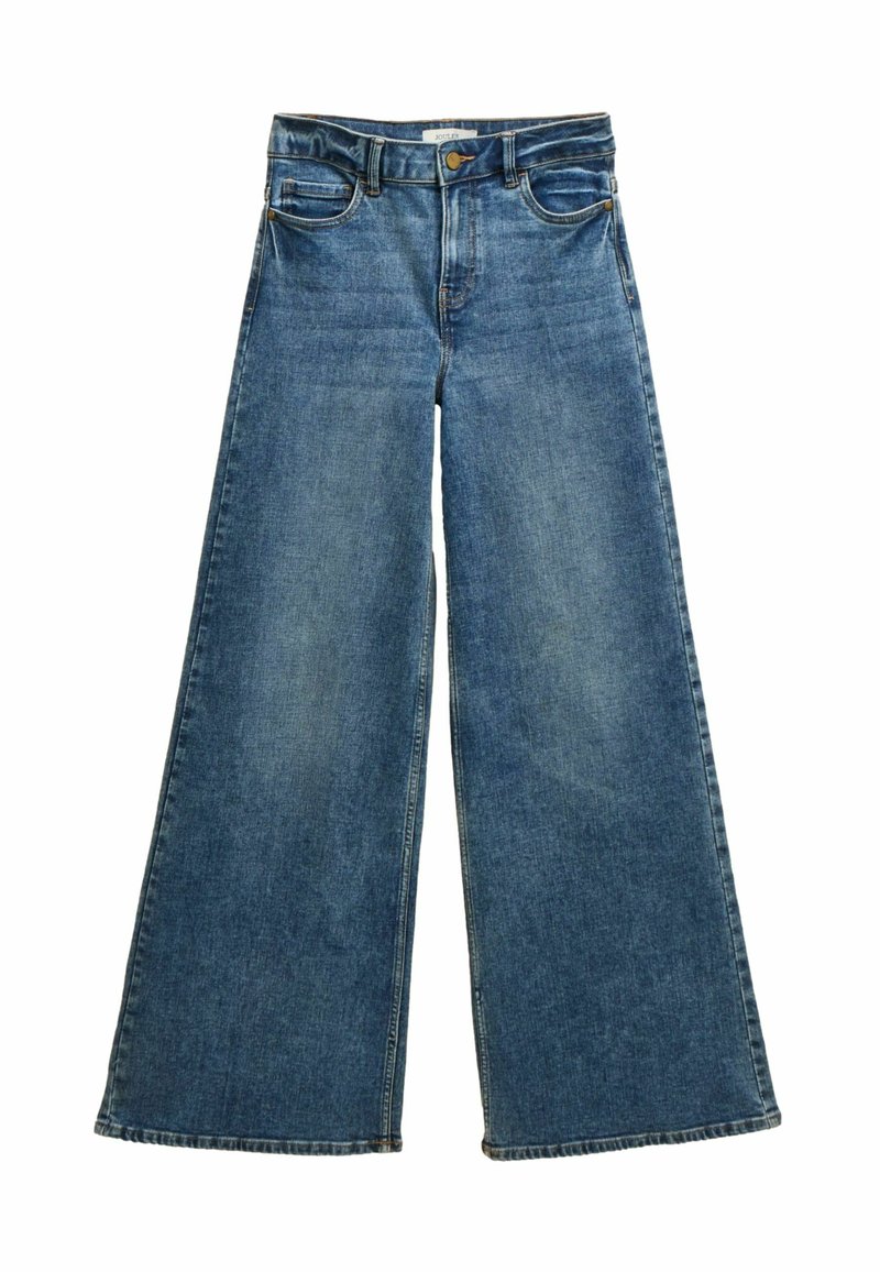 Platus melsvų džinsų modelis su aukštu liemeniu, priekinėmis kišenėmis ir sagų užsegimu. Audinys pasižymi subtiliu išblukimu ir lygiu paviršiumi.