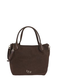Borsa a tracolla in suede marrone con dettagli in pelle liscia, due manici e una tracolla rimovibile. Presenta un logo dorato sul davanti.