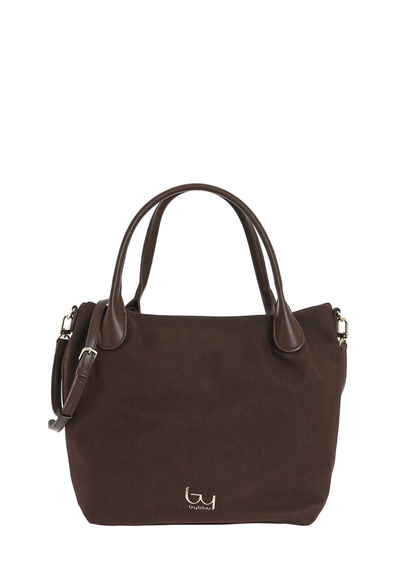 Borsa a tracolla in suede marrone con dettagli in pelle liscia, due manici e una tracolla rimovibile. Presenta un logo dorato sul davanti.