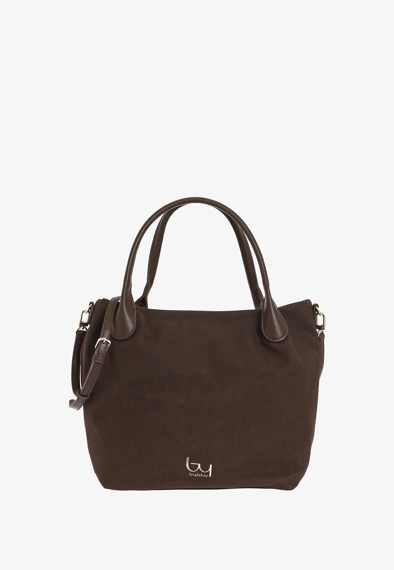 Borsa a tracolla in suede marrone con dettagli in pelle liscia, due manici e una tracolla rimovibile. Presenta un logo dorato sul davanti.