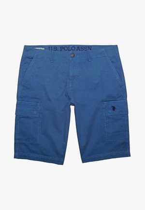 Blå cargo-shorts med flere sidelommer, knaplukning foran og broderet logo på taljen. Fremstillet af slidstærkt bomuldsstof.