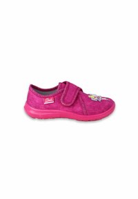 Rosa Stoffschuhe mit einem Klettverschluss, versehen mit einem floralem Stickdesign an der Seite und einer strukturierten Gummisohle.