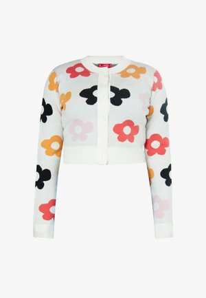 Gekürzter Cardigan aus weichem Strick mit weißem Grund und bunten Blumen in Schwarz, Pink, Orange und Rot. Mit Knopfverschluss und gerippten Bündchen.