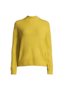 Gelbes Strickpullover mit gerippter Textur, hohem Kragen und langen Ärmeln. Hat einen lockeren Schnitt und einen breiten, gerippten Saum.
