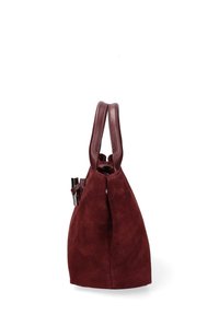 Borsa in suede bordeaux con manici doppi, forma triangolare e un accento in pelle liscia. Presenta un piccolo fermaglio in argento sul lato.
