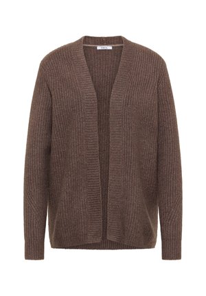 Brązowy dziergany kardigan o fakturze prążkowanej, z otwartym przodem i długimi rękawami. Wykonany z miękkiego, przytulnego materiału zapewniającego komfort.