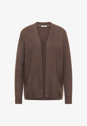 Brun strikket cardigan med ribbet tekstur, åben front og lange ærmer. Fremstillet af blødt, hyggeligt materiale for komfort.
