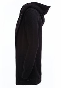 Sort strikket cardigan med en lang silhuet, hætte og lommer. Har ribbede mansjetter og et struktureret mønster på stoffet.