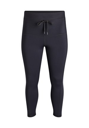 Sorte atletiske leggings med høj talje og snor i taljen, afkortet over anklen, vist på en hvid baggrund.