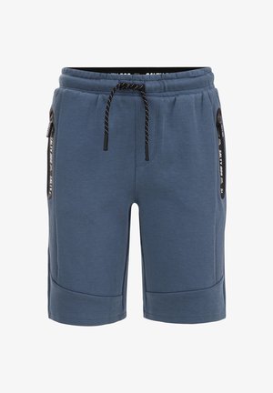 Short bleu à taille élastique avec cordon noir et blanc, poches latérales zippées et panneaux cousus aux genoux.