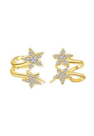 Gold star-shaped earrings featuring sparkling clear gemstones, with a twisted design that highlights the metallic finish and detailed accents.