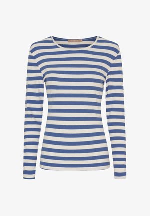 Langærmet T-shirt med rund hals, vandrette blå og hvide striber, tætsiddende pasform og ribbet struktur.