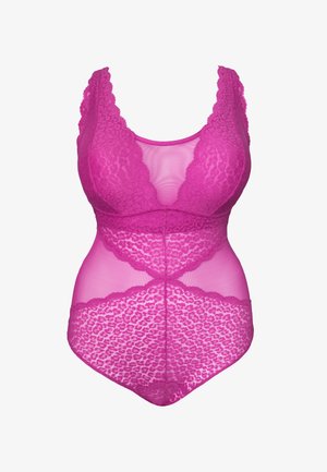 Bright pink lace bodysuit with scalloped edges, sheer mesh panels, and a plunging neckline, designed for women's lingerie.