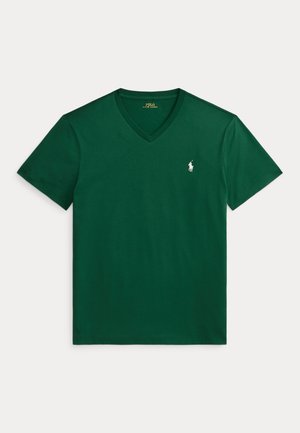 Mørkegrønn T-skjorte med V-hals og korte ermer, med liten hvit Polo Ralph Lauren-logo brodert på venstre bryst.