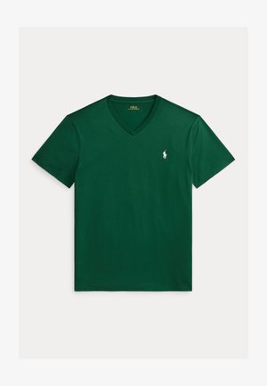 Mørkegrøn T-shirt med V-hals og korte ærmer, med lille hvidt Polo Ralph Lauren-logo broderet på venstre bryst.