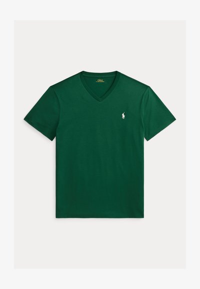Σκούρο πράσινο T-shirt με V-λαιμόκοψη και κοντά μανίκια, με μικρό λευκό κεντημένο λογότυπο Polo Ralph Lauren στο αριστερό στήθος.