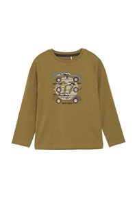 Long-sleeved olive green shirt featuring a graphic of three stylized race cars in blue, black, and tan with text accents. Cotton material.