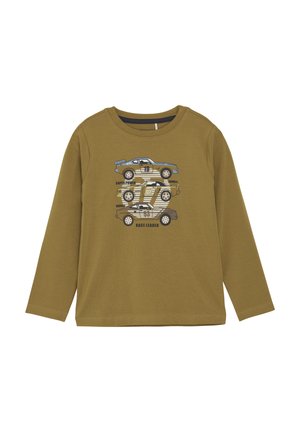 Long-sleeved olive green shirt featuring a graphic of three stylized race cars in blue, black, and tan with text accents. Cotton material.