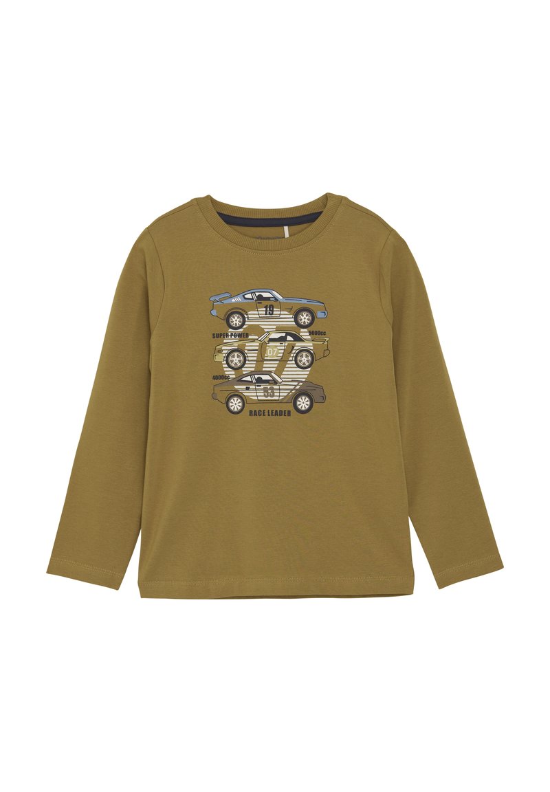 Long-sleeved olive green shirt featuring a graphic of three stylized race cars in blue, black, and tan with text accents. Cotton material.