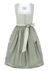 Traditionelles Dirndlkleid mit einem hellgrünen Mieder mit Knöpfen, einem plissierten Satinrock und einem dekorativen gemusterten Seitenpaneel.