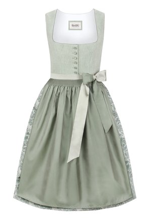 Traditionelles Dirndlkleid mit einem hellgrünen Mieder mit Knöpfen, einem plissierten Satinrock und einem dekorativen gemusterten Seitenpaneel.