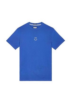 Blauwe katoenen t-shirt met een eenvoudig smiley-gezicht ontwerp in het wit op de borst. Korte mouwen en een ronde hals met een soepele textuur.