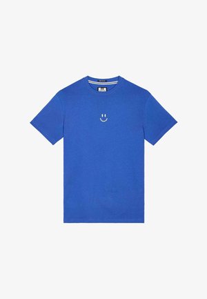 Blå bomulds t-shirt med et enkelt smiley ansigt designet i hvidt på brystet. Korte ærmer og en rund halsudskæring med en glat tekstur.