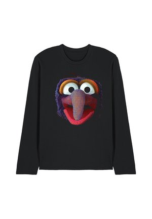 Schwarzes Langarmshirt mit einem großen bunten Cartoon-Vogelgesicht mit großen Augen, einem großen orange-lila Schnabel und einem breiten roten Mund.