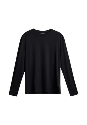 Czarna koszula z długim rękawem, wykonana z gładkiego, elastycznego materiału; ma okrągły dekolt i subtelne logo na piersi.