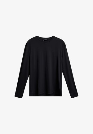 Zwart langarmshirt van een gladde, rekbare stof; heeft een ronde hals en een subtiel logo op de borst.