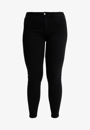 Black denim skinny jeans featuring a high waist, classic five-pocket design, and a smooth texture with a subtle stretch for comfort.