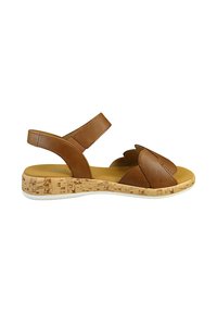 Brown leather sandals with cork sole, adjustable straps, and open toe design. Features stitched detailing and a comfortable footbed.