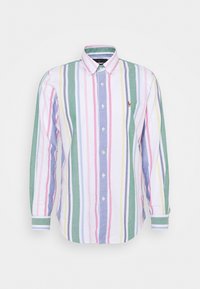 Camicia con bottoni caratterizzata da righe verticali in verde, rosa, blu e giallo, con un piccolo logo sul petto e colletto.