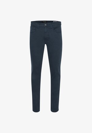 Navy blue slim-fit trousers made of cotton. Features belt loops, front and back pockets, and a front button closure. Smooth texture.